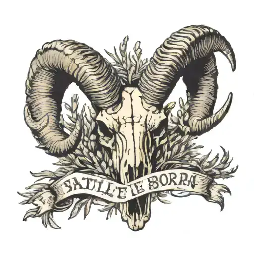 desert bighorn sheep skull, with sagebrush, and the words battle born tattoo design idea