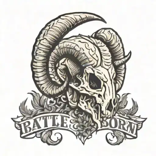 desert bighorn sheep skull, with sagebrush, and the words battle born tattoo design idea