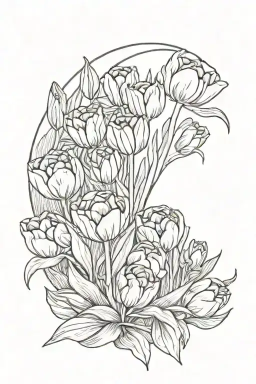 half moon in the middle surrounded by opened and closed, tulips and leaves tattoo design idea