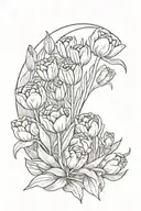 half moon in the middle surrounded by opened and closed, tulips and leaves tattoo design idea