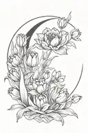 half moon in the middle surrounded by opened and closed, tulips and leaves tattoo design idea