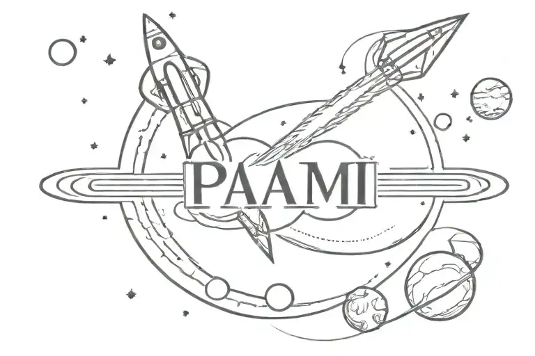 A tattoo with the word PAMI. It is supposed to contain a rocket and planets tattoo design idea