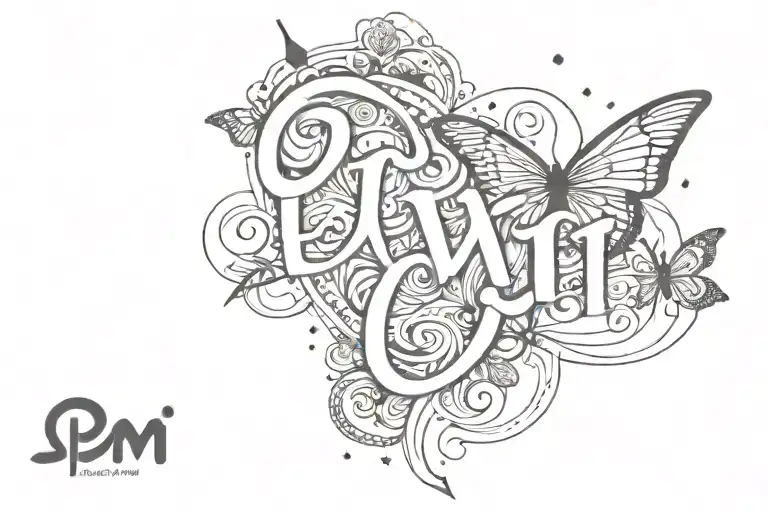 A tattoo that expresses love with the lettering PAMI. It should contain a rocket and a heart and a butterfly tattoo design idea