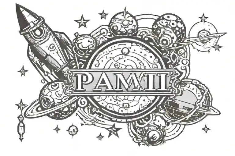 A tattoo with the word PAMI. It is supposed to contain a rocket and planets tattoo design idea