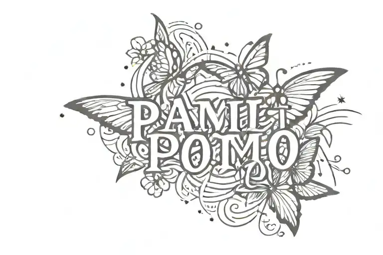 A tattoo that expresses love with the lettering PAMI. It should contain a rocket and a heart and a butterfly tattoo design idea