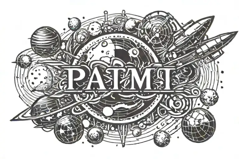 A tattoo with the word PAMI. It is supposed to contain a rocket and planets tattoo design idea