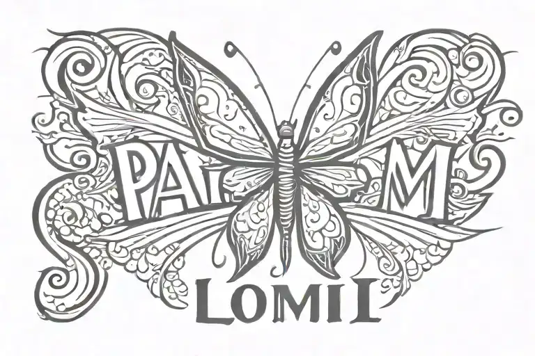 A tattoo that expresses love with the lettering PAMI. It should contain a rocket and a heart and a butterfly tattoo design idea
