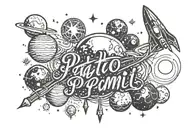 A tattoo with the word PAMI. It is supposed to contain a rocket and planets tattoo design idea