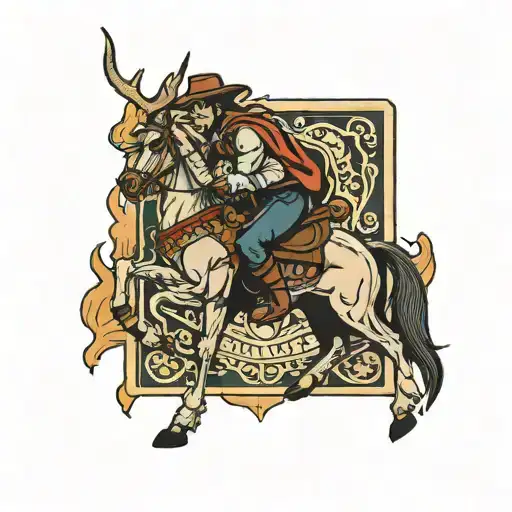 cigarette box and ace card and cowboy riding a horse and deer antler tattoo design idea