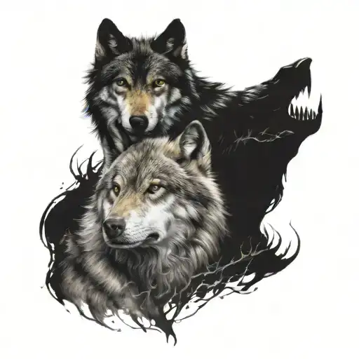 wolf of light and wolf of darkness merged into each other tattoo design idea