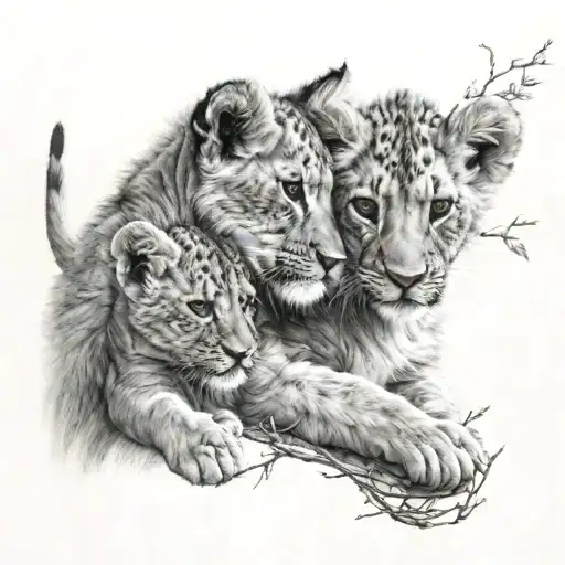 Two lion cubs, the first one is holding a cotton branch delicately and the second one is in front of a to tattoo design idea