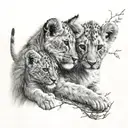 Two lion cubs, the first one is holding a cotton branch delicately and the second one is in front of a to tattoo design idea