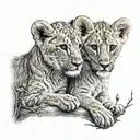 Two lion cubs, the first one is holding a cotton branch delicately and the second one is in front of a to tattoo design idea