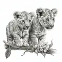 Two lion cubs, the first one is holding a cotton branch delicately and the second one is in front of a to tattoo design idea