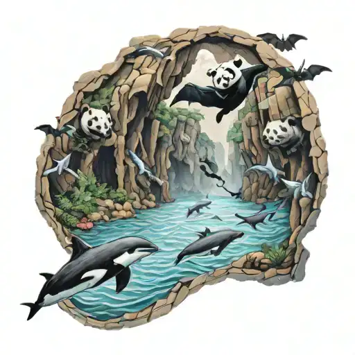 bats flying out of a cave in the background. dolphins swimming in the ocean. panda and black panther looking at each oth tattoo design idea