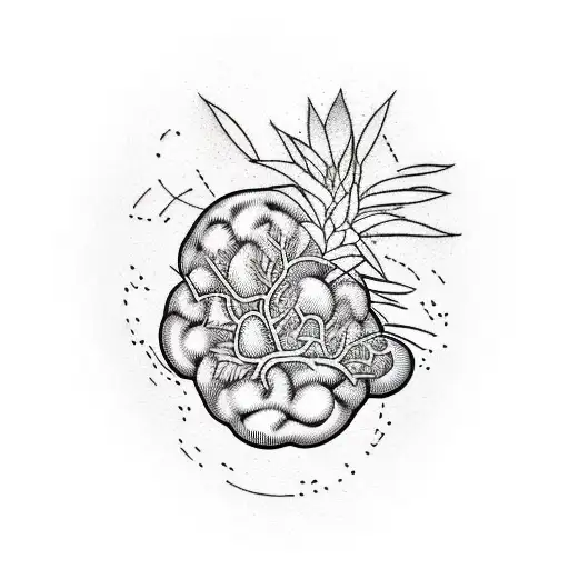 A minimalist tattoo of a brain with succulent plants growing out of it, representing growth and healing in mental health tattoo design idea