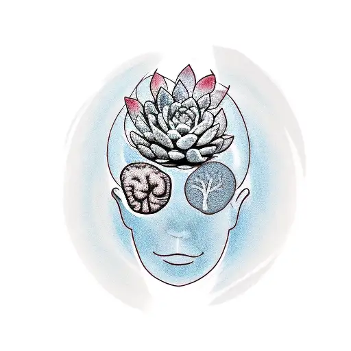 A minimalist tattoo of a brain with succulent plants growing out of it, representing growth and healing in mental health tattoo design idea