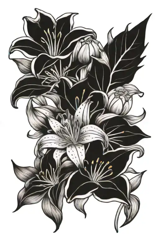 Lily flower, Rose, Aster bouquet tattoo design idea