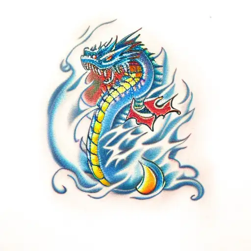 blue dragon with fire breath tattoo design idea