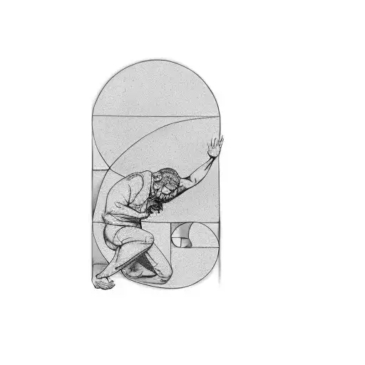 a man holding a golden spiral tattoo design idea