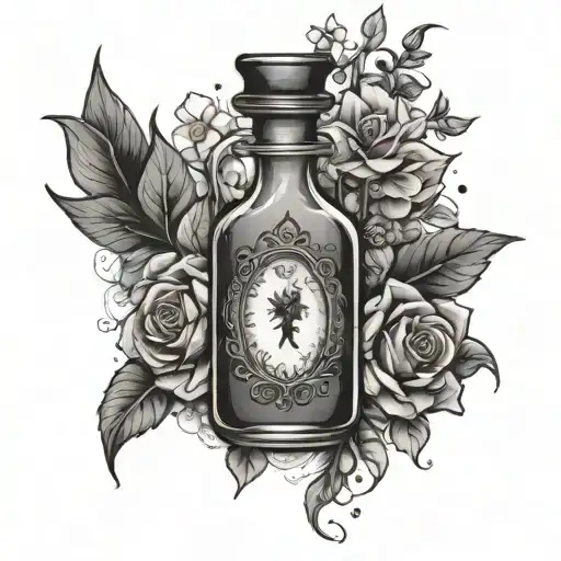 witchy vibes with magical potion bottle surrounded by flowers tattoo design idea