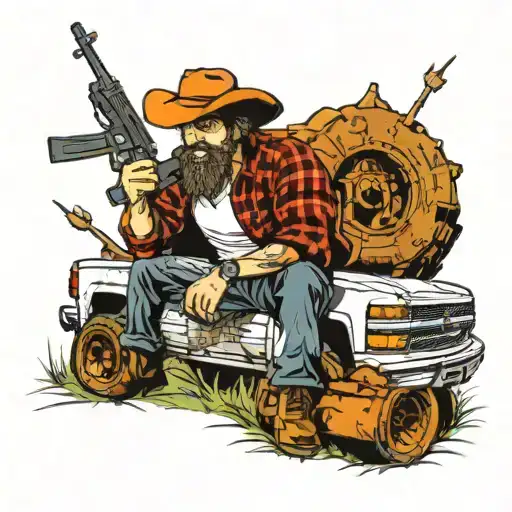 2009 Chevy silverado 4x4. really big mudder tires.  Redneck sitting on tailgate holding a hunting rifle.   tattoo design idea