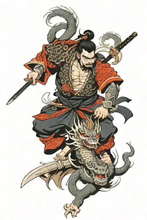japanese dragon warrior samurai warrior surrounded tattoo design idea