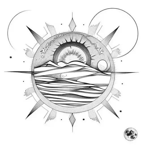 cresent moon inside a sun and the center is cracked like broken mirror tattoo design idea