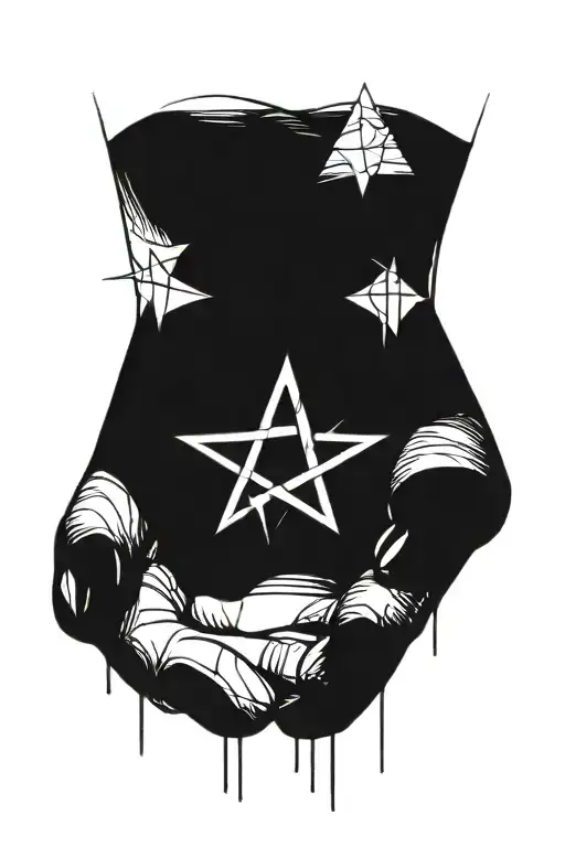 Abstract blackwork hand tattoo with bold, geometric lines forming a pentagram shape, sharp angles, and dripping effects. tattoo design idea