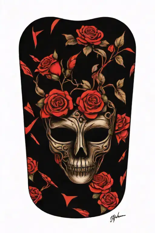 A mask inspired by the Phantom of the Opera, surrounded by broken piano keys and roses. tattoo design idea