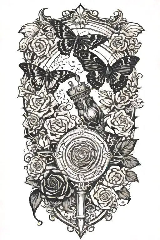 A collection of vintage elements like a gramophone, a butterfly with the word "amor," a rose, and a dagger, all arranged tattoo design idea