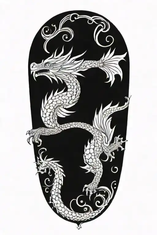Blackwork upper arm tattoo of a mythical dragon with detailed scales and flowing, abstract patterns. tattoo design idea