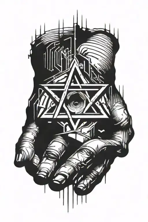 Abstract hand tattoo with bold, geometric lines forming a pentagram shape, sharp angles, and dripping effects. tattoo design idea
