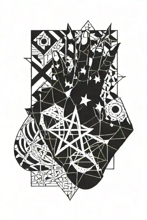 Abstract blackwork hand tattoo with bold, geometric lines forming a pentagram shape, sharp angles, and dripping effects. tattoo design idea