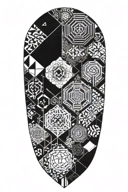 Blackwork upper arm tattoo featuring intricate geometric patterns with intersecting lines and bold shapes. tattoo design idea