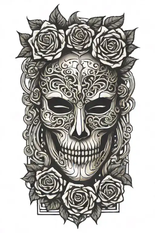 A mask inspired by the Phantom of the Opera, surrounded by broken piano keys and roses. tattoo design idea