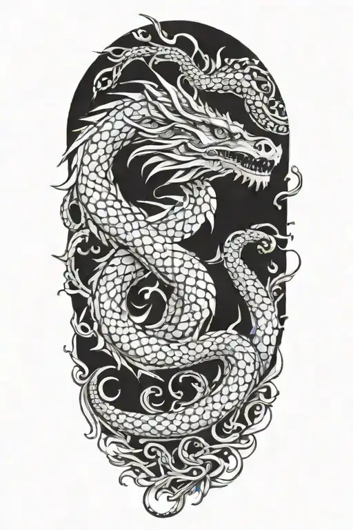 Blackwork upper arm tattoo of a mythical dragon with detailed scales and flowing, abstract patterns. tattoo design idea