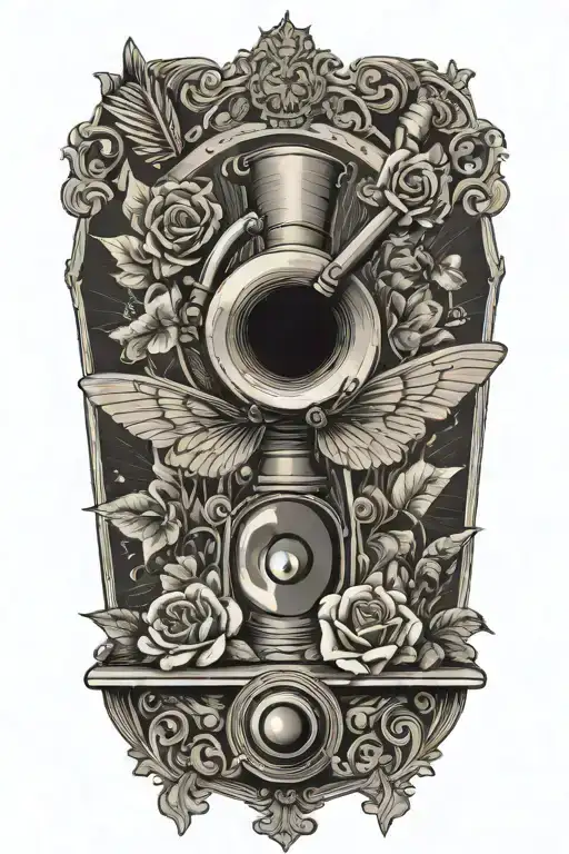 A collection of vintage elements like a gramophone, a butterfly with the word "amor," a rose, and a dagger, all arranged tattoo design idea