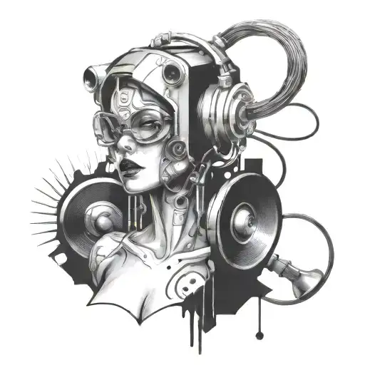including a 1950s-style female cyborg, an abstract squiggle, and four small items that look like stereo speakers tattoo design idea