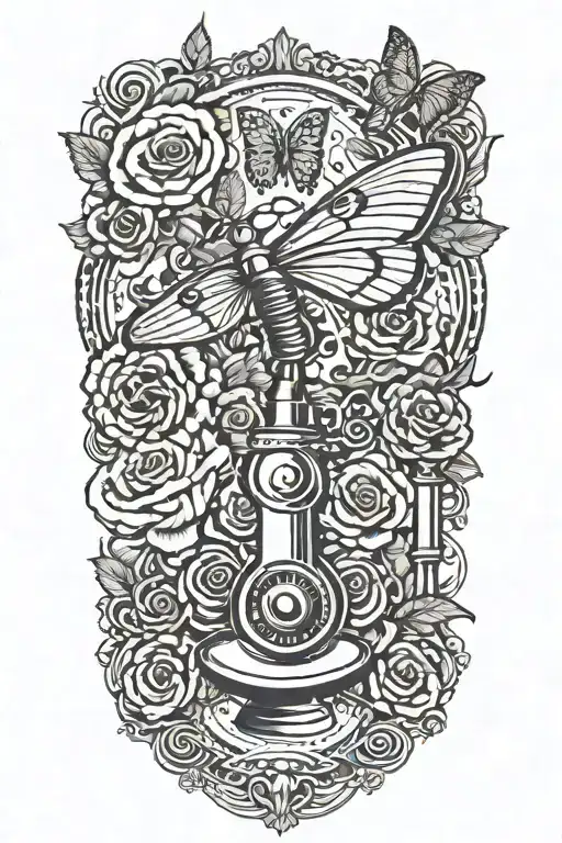 A collection of vintage elements like a gramophone, a butterfly with the word "amor," a rose, and a dagger, all arranged tattoo design idea