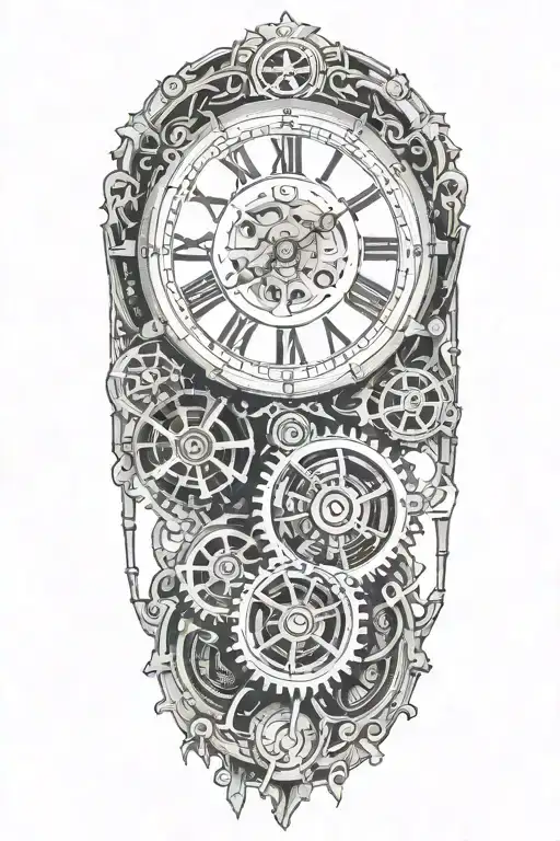 Blackwork tattoo of a mechanical clock on the upper arm, with exposed gears and intricate details. tattoo design idea