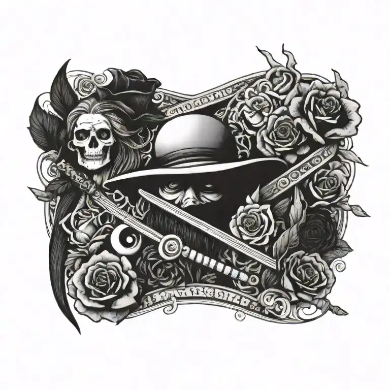 A collection of symbols including eyes, a rose, a katana, and a smoking man, with the phrase "Nothing else matters tattoo design idea