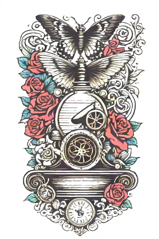 A collection of vintage elements like a gramophone, a butterfly with the word "amor," a rose, and a dagger, all arranged tattoo design idea