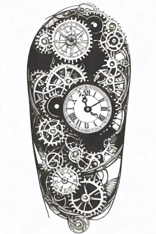 Blackwork tattoo of a mechanical clock on the upper arm, with exposed gears and intricate details. tattoo design idea