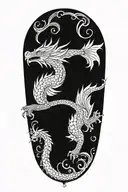 Blackwork upper arm tattoo of a mythical dragon with detailed scales and flowing, abstract patterns. tattoo design idea