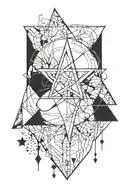 Abstract blackwork hand tattoo with bold, geometric lines forming a pentagram shape, sharp angles, and dripping effects. tattoo design idea