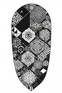 Blackwork upper arm tattoo featuring intricate geometric patterns with intersecting lines and bold shapes. tattoo design idea