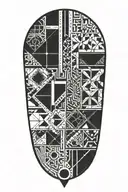 Blackwork upper arm tattoo featuring intricate geometric patterns with intersecting lines and bold shapes. tattoo design idea