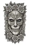 A mask inspired by the Phantom of the Opera, surrounded by broken piano keys and roses. tattoo design idea