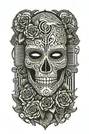 A mask inspired by the Phantom of the Opera, surrounded by broken piano keys and roses. tattoo design idea